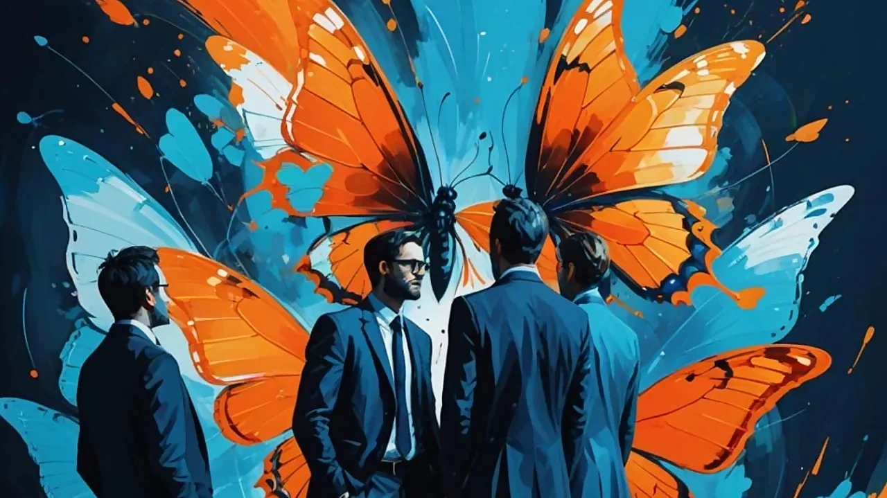 Business leaders facing giant orange‑blue butterflies, representing the butterfly effect of emotional intelligence and how small actions can create large impacts.
