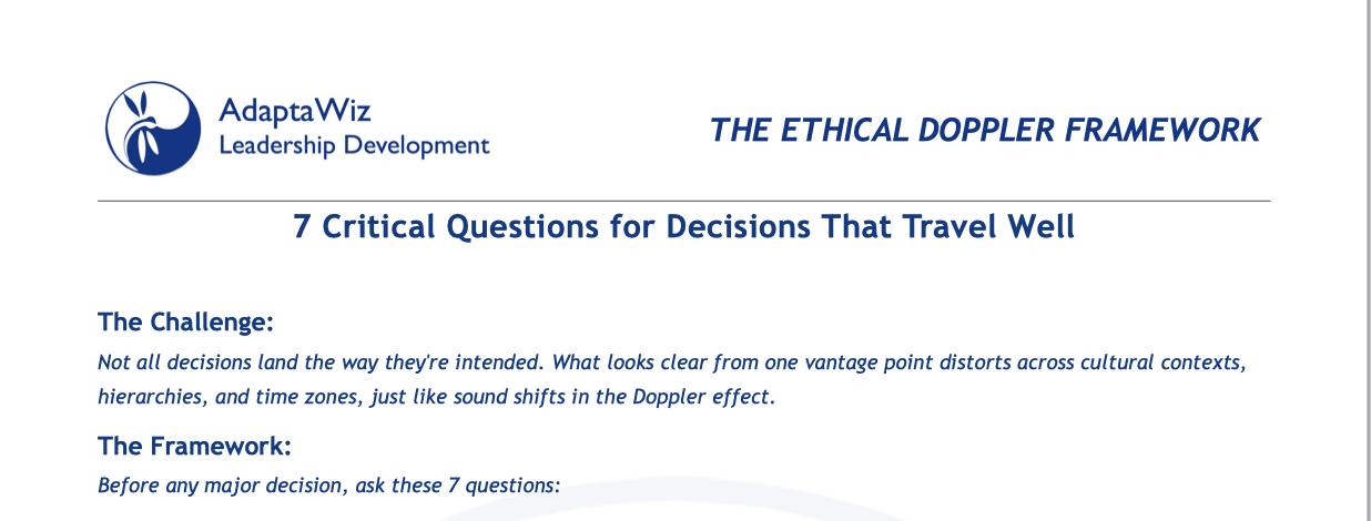 Preview of the Ethical Doppler Framework Audit document — a practical guide for leaders navigating decisions that distort across borders, hierarchies and time, by Val Fraser AdaptaWiZ