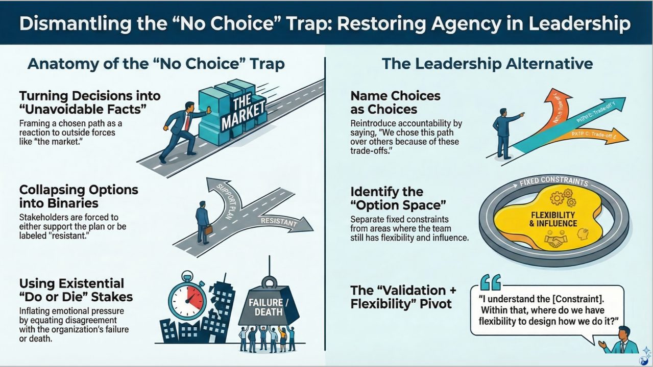 Infographic dismantling the no-choice trap in leadership, showing how to restore agency and open the option space under pressure