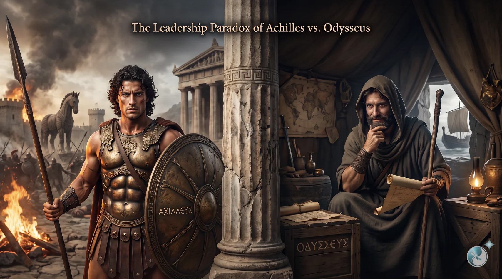 A split-scene illustration titled “The Leadership Paradox of Achilles vs. Odysseus”: Achilles stands armored with a spear and shield amid a burning battlefield on the left, while Odysseus sits in a shadowed tent studying a map beside a lamp and ship on the right.